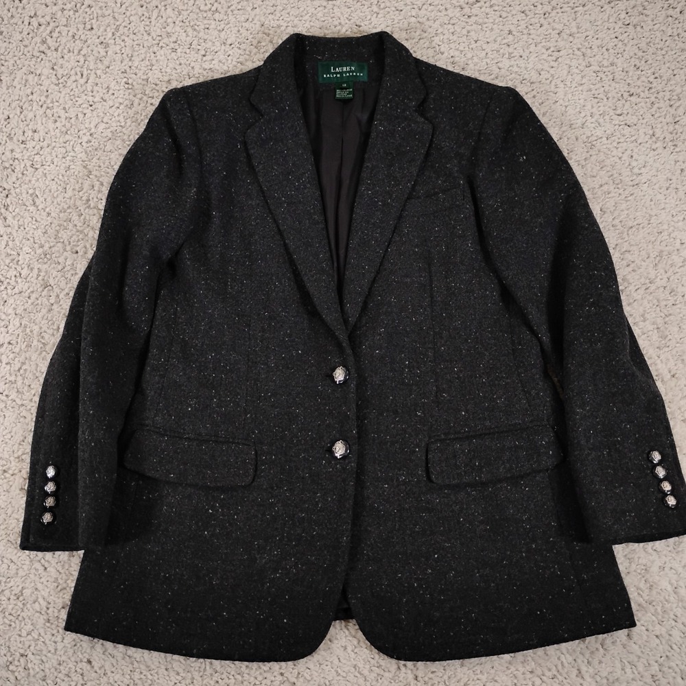 Vtg Lauren Ralph Lauren Blazer Womens 12 Gray Equestrian Crest Jacket Wool 90s